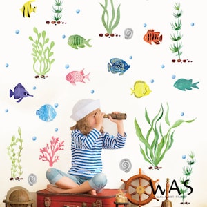 Under The Sea Fishes Wall Decal Stickers, Ocean Sea Grass Fishes Nursery Decoration Bedroom Bathroom Art, Watercolor Fishes Wall Decals