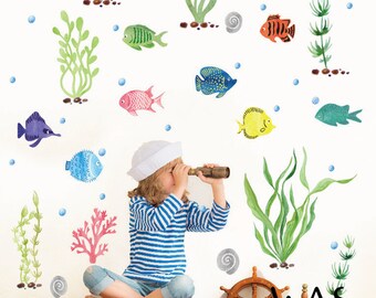 Under The Sea Fishes muurstickers, oceaan zee gras vissen kinderkamer decoratie slaapkamer badkamer kunst, aquarel vissen muurstickers