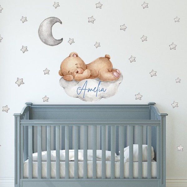 30 StarsTedy Bear Sleeping on The Clouds Moon and Stars Wall Stickers for Kids Baby Shower Interior Decor Kid Bedroom Playroom Wall Sticker