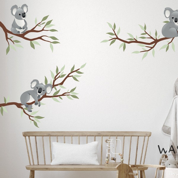 Grand autocollant de branche de koala de pépinière, koala mignon s'étendant sur l'autocollant de vinyle d'arbre, décor à la maison pour la chambre à coucher d'enfant, autocollants de mur de pépinière