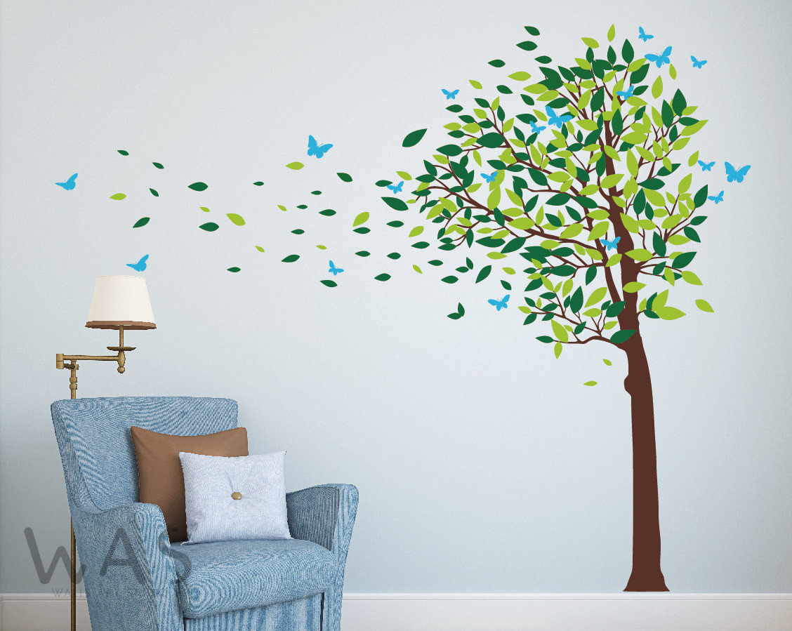 Flying Leaves Wall Decals, Large Tree Wall Decals, Nursery Blowing Tree ...