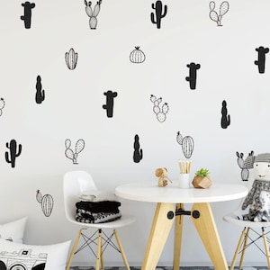 30 pcs Doodle Cactus Wall Stickers for Nursery, Vinyl Black Cactus Wall Decals, Vinyl Cactus Wall Stickers for Bedroom Living Room Classroom