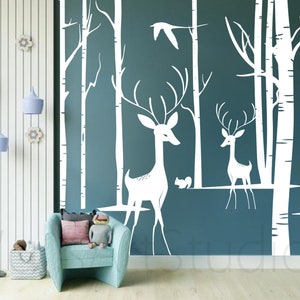 Birch Tree With Deers Decal, Kids Room Wall Wall Decor, Peel Stick Removable Vinyl Art, Bedroom Nursery Wall Art ,4 pcs set Birch Tree Art