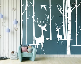 Birch Tree With Deers Decal, Kids Room Wall Wall Decor, Peel Stick Removable Vinyl Art, Bedroom Nursery Wall Art ,4 pcs set Birch Tree Art