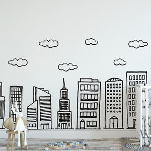 Doodled City Skyline Hand drawing Wall Decal for Kids Room Playroom Preschool School Library Decor - Handpainted Buildings Wall Decal