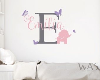 Elephant Decal -Custom Names With  Baby Elephant Decal  -Elephant Nursery Wall Decal -Elephant With Butterfly  Decal -Kids Room Decor