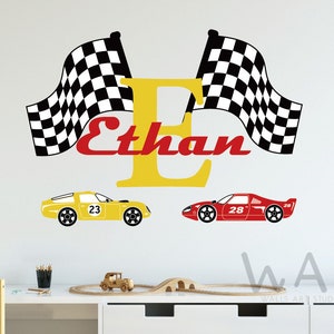 Custom Racing Name Wall Decal for Boys,Speedy Race Flag Wall Sticker, Race Car Theme Sticker,Nursery Baby Room wall Art Decor Vinyl Sticker