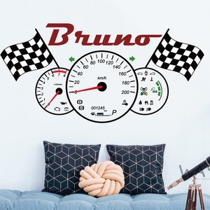 May include: A white wall with a black and white checkered flag, a red "Bruno" text, and three black and white gauges with red needles. The gauges have various symbols and numbers, including "km/h" and "001245".