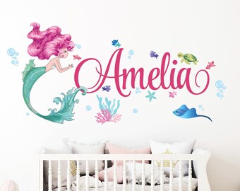 Personalized Mermaid Name Wall Sticker,Little Mermaid Nursery Baby Room Art Decor Vinyl Sticker,Mermaid Fish Seaweed Peel and Stick Stickers