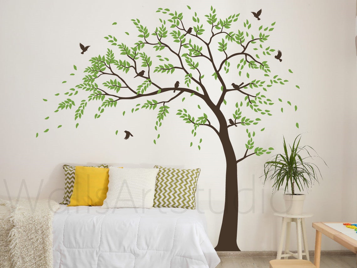 Custom Name Wall Sticker – Large Blowing Tree & Bird Vinyl Decal For Kids Room