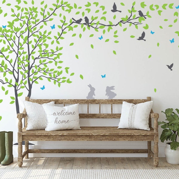 Blazende boom vinyl sticker, boom met bladeren muur sticker, blazende boom met vogels en vlinders, kwekerij boom muur sticker voor slaapkamer