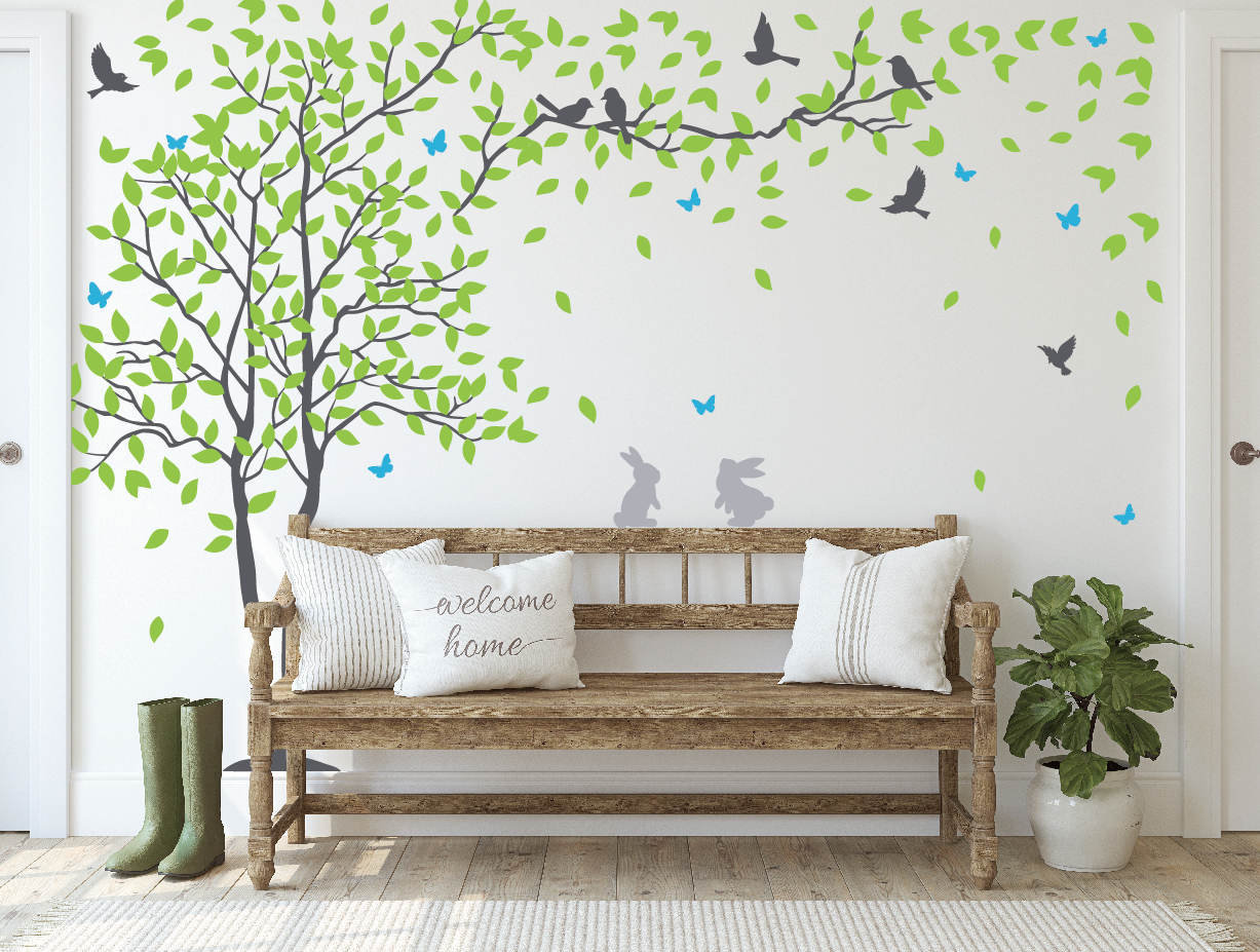 Blowing Tree Vinyl Sticker ,Tree With Leaves Wall Decal, Blowing Tree With Birds and Butterflies,Nursery Tree Wall Decal For Bedroom