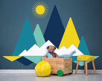 Adesivo da parete montagne Decorazioni per la casa per la camera dei bambini Asilo nido, Montagne con uccelli Decalcomanie, Montagne Decalcomanie in vinile per la decorazione della parete della camera da letto