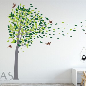 Flying Leaves Wall Decals, Large Tree Wall Decals, Nursery Blowing Tree ...