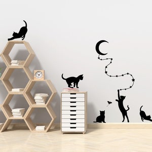 Cute Cats Climing On The Moon Wall  Vinyl Decal, Animal Cats  Wall Decal, Lovely Kitty Wall Decals , Little Cute Cats Stickers