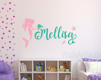 Name Decal, Mermaid  Wall Decal , Starfish Nursery With Personalized Name  Wall Decal,  Mermaid Sticker For Girl's Room Wall,