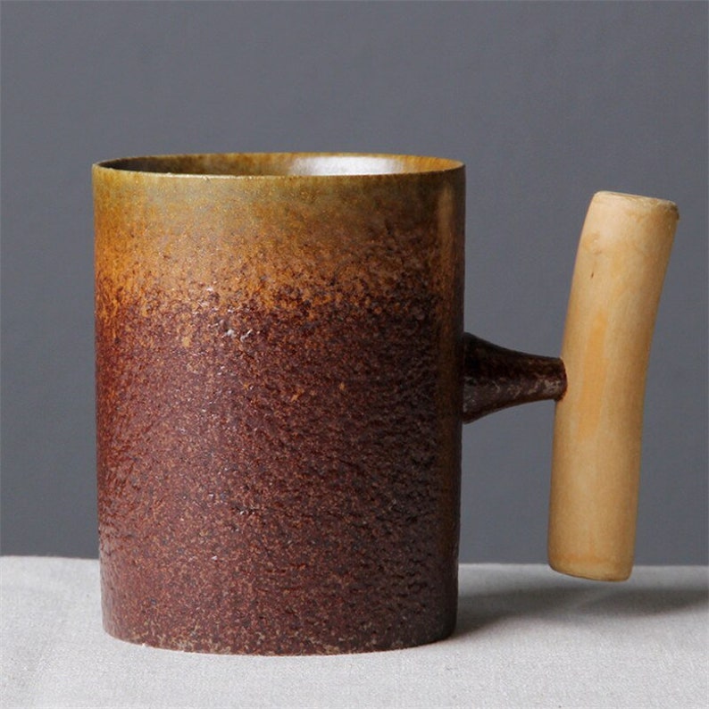 Ceramic Coffee Mug Japanesestyle Wood Handle Tumbler Etsy