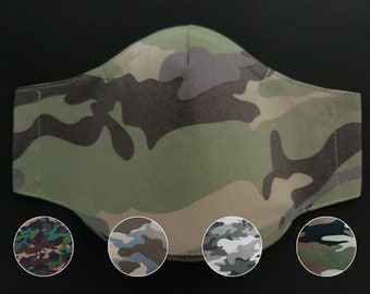 1-Piece 3D Face Mask, Adult Child, 3-Ply Cotton Fabric, Army Camouflage, Filter Pocket, Adjustable Nose Wire Ear Loops, from Singapore