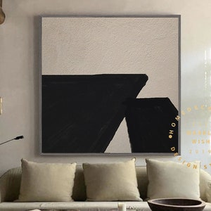Large Beige and Black Abstract Painting Modern Textured Wall Decor