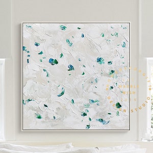 White Green Painting on Canvas, Textured Painting Abstract Art, Palette Knife Textured Art, Minimal Wall Art, White Textured Painting