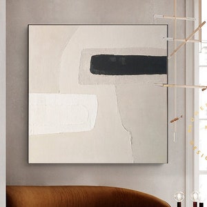 Large Beige Abstract Painting Minimalist Black & White Wall Art