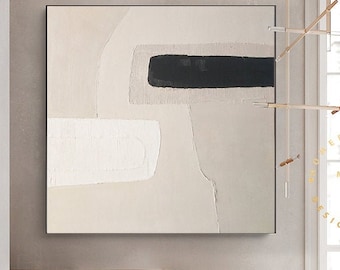 Large Beige Abstract Painting Minimalist Black & White Wall Art