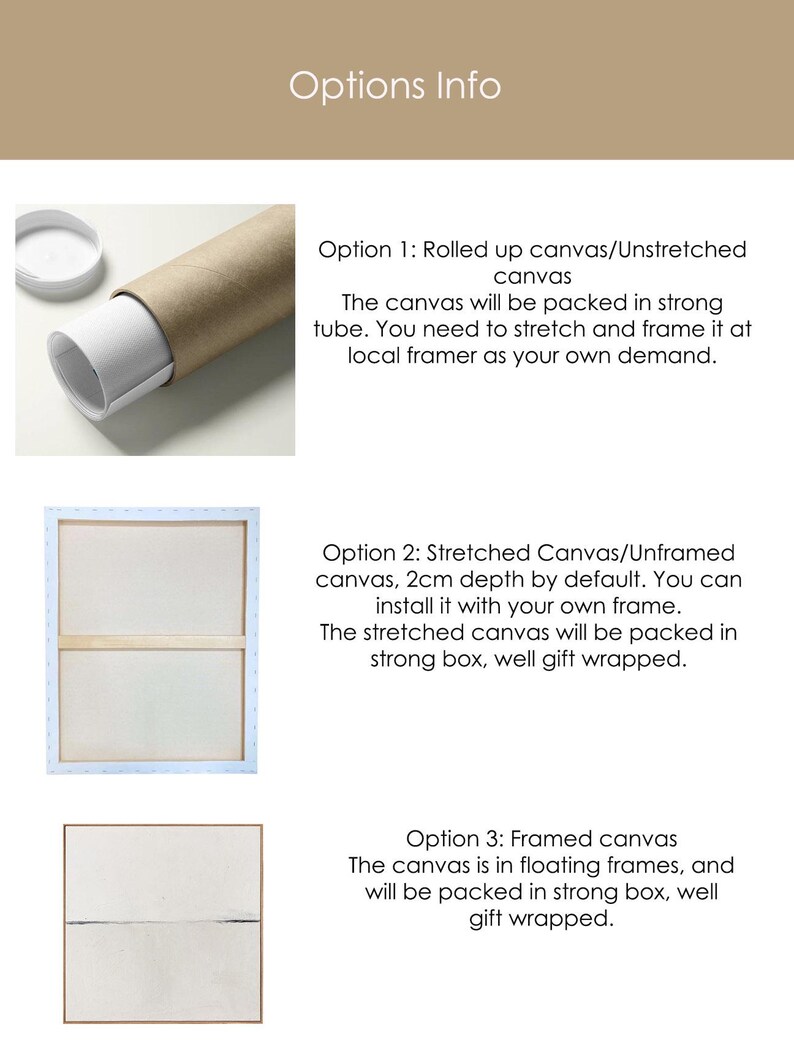 May include: Image showing three canvas options: rolled, stretched, and framed. The rolled canvas comes in a tube. The stretched canvas is unframed, 2cm deep. The framed canvas is in floating frames. Text reads "Options Info".