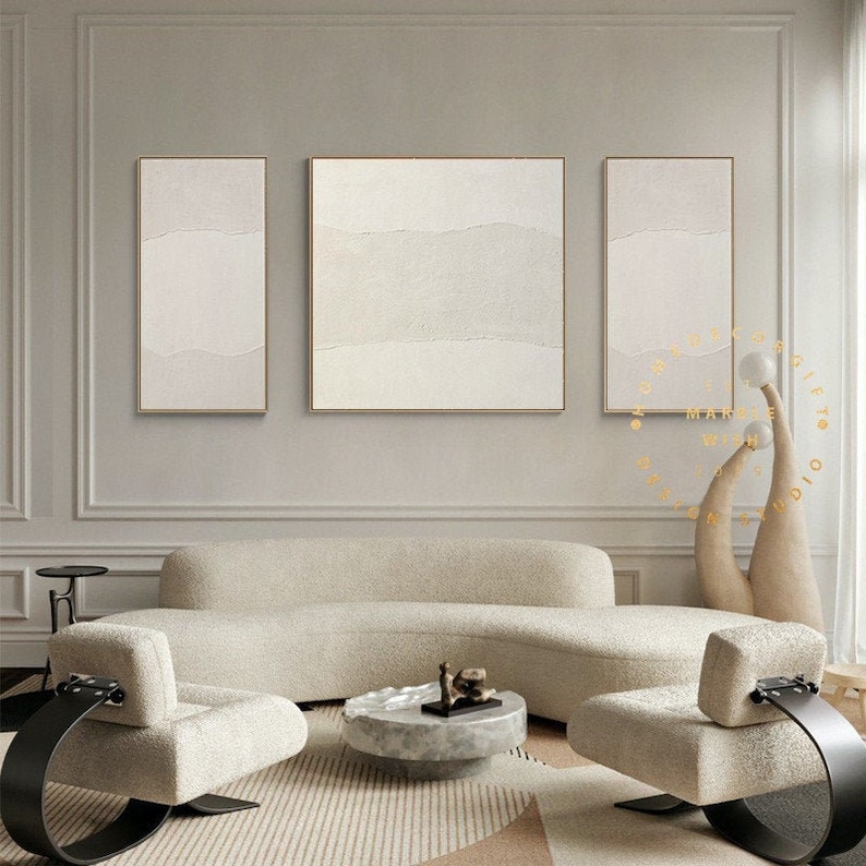 3 Piece Wall Art Beige Abstract Painting Set of Three Etsy