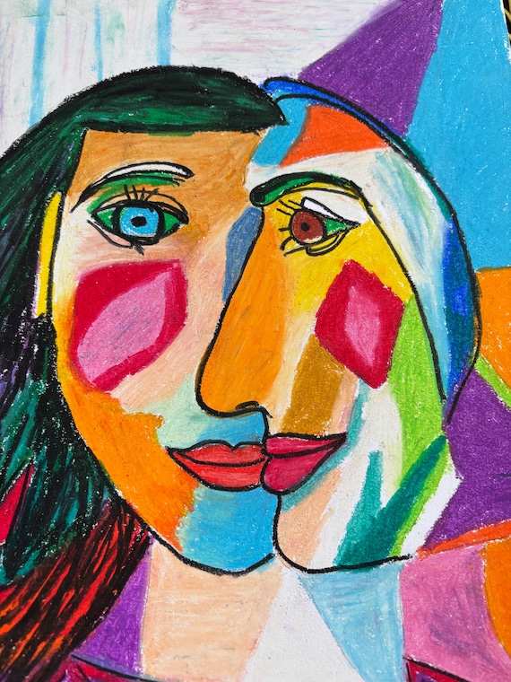 Picasso Inspired Oil Pastel Drawing: Two Faced Woman Abstract Art