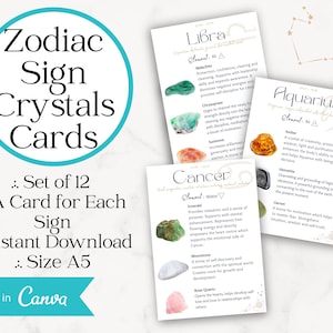 Crystals for Zodiac Sign Cards Instant Digital Download PNG JPG PDF 3 File Formats Astrology Cards Sun Sign Gemstones 12 Zodiac Sign Cards