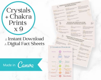 Op de afbeelding: Negen printbare digitale informatiebladen over kristallen en chakra's. De bladen bevatten lijsten met kristallen voor intenties, affirmaties, veelvoorkomende fysieke problemen, negatieve emoties en een diagram van de zeven chakra's.