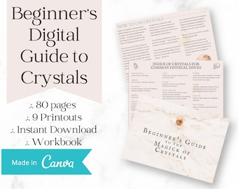 Può includere: Una guida digitale sui cristalli con una copertina rosa e bianca che presenta il testo "Beginner's Digital Guide to Crystals". La guida include 80 pagine, 9 stampe e è un download istantaneo. Include anche un quaderno di lavoro. La guida è realizzata con Canva.