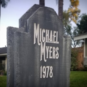 Halloween custom handmade tombstone gravestone Michael Myers. LED illuminated / 20 color choices. Great for Halloween parties & displays.