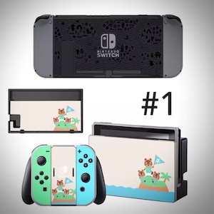 May include: A set of Nintendo Switch console and Joy-Con controller skins featuring a design from the Animal Crossing video game series. The design features the characters Tom Nook, Timmy, and Tommy on a tropical island with a blue ocean background. The console skin is black with a white and blue design, and the Joy-Con controller skins are green and blue with a white and blue design. The set also includes a screen protector for the console.