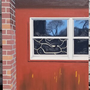 May include: A painting of a red brick building with a window. The window is broken and the glass is cracked. The window looks out onto a forest scene with trees and a blue sky.
