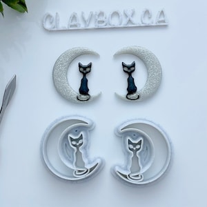 Cat on the Moon Cutter Pair – Polymer Clay Cutters – Left & Right Facing – 3D Printed with Stamp Detail
