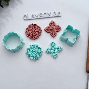 Puede incluir: Un conjunto de cortadores de arcilla en varias formas, incluyendo un círculo festoneado, un trébol de cuatro hojas y un cuadrado con bordes redondeados. Los cortadores son en tonos turquesa y terracota, con intrincados diseños en relieve. Se ve la palabra "CLAYBOX GA".