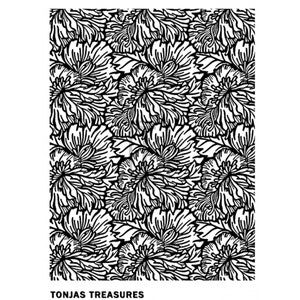 May include: Black and white floral pattern with intricate details. The design features a repeating pattern of stylised flowers with overlapping petals.