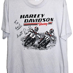 Vintage 80s Autographed / signed HARLEY DAVIDSON Racing Scott Parker AMA motorcycle biker t shirt