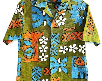 Vintage 1960s SEARS HAWAII Barkcloth Tiki Tribal Tapa Floral Hawaiian shirt aloha size M