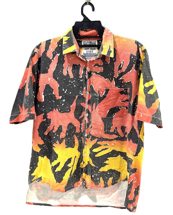 Vintage 90s MAMBO one hundred percent dog / fire flame abstract motif hawaiian shirt