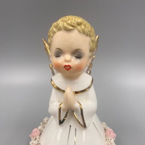 Napco / Vintage Napco / Napco Praying Angel / Napco Praying Angel Figurine White Robe with Spaghetti Trim / Vintage Christmas Angel Figure