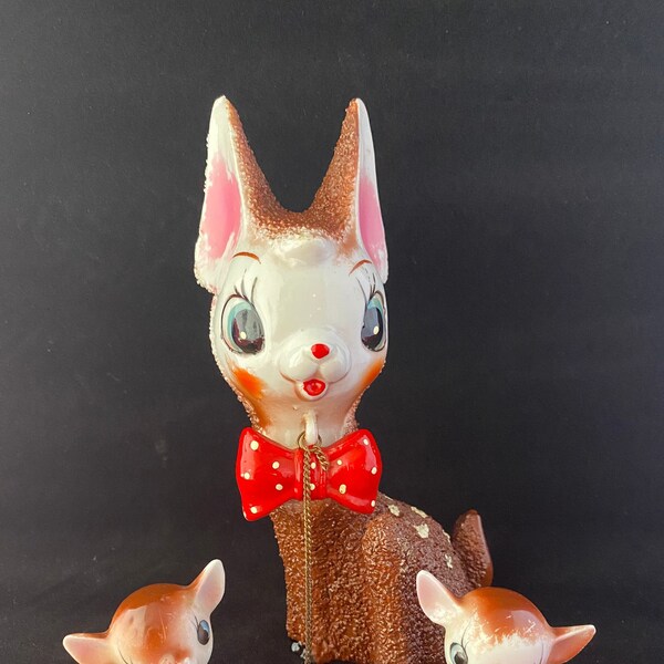 Arnart / Vintage Deer Figurine with Fawns / Deer with Chain Leash / 1950s Anthropomorphic Deer Sugar Fur / RARE Doe with Fawns Arnart Figure