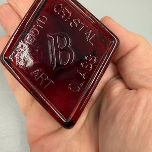 Boyd Crystal Art Glass Ruby Red Paperweight Advertising Embossed B Vintage Glass UV Reactive Desk Decor Collectible