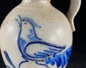 Rowe Pottery 1986 Bird Jug Salt Glaze Bird Jug Rowe Pottery Works Handmade Pottery Jug Cobalt Trim Bird crock jug Bird Pitcher
