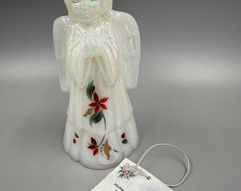 Fenton White Opalescent Angel Figurine Iridescent Guardian Angel Tammy Watson Hand Painted Poinsettia Glass