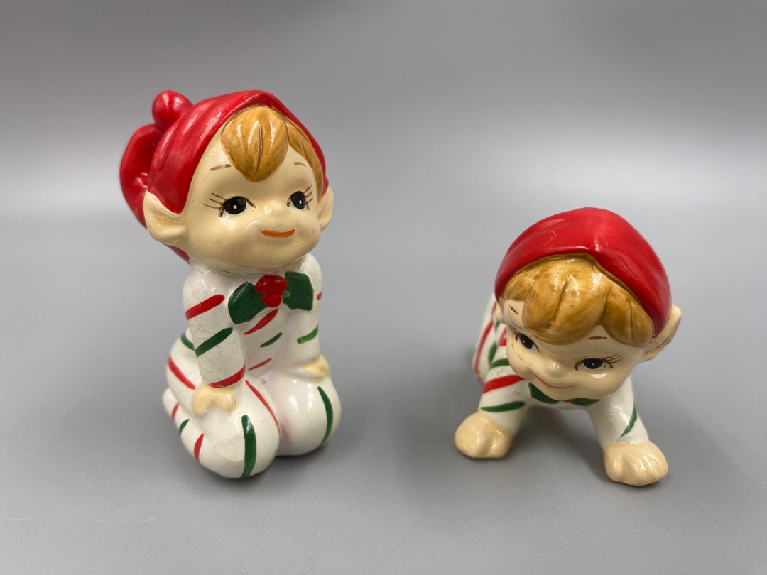 Lefton / Vintage Lefton / Vintage Christmas / Lefton Elf Set in Striped