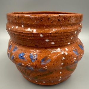 Vintage C Isbell Studio Pottery Cachepot Dated 1980 Hand Thrown Stoneware Planter Blue Floral Signed Pot