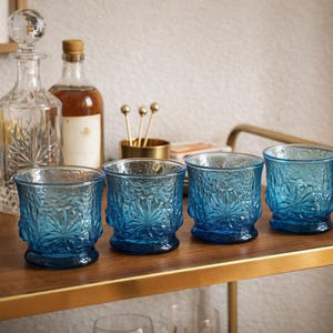 Anchor Hocking Rainflower Laser Blue Glasses Set of 4 / Vintage 1970s Textured Blue Tumblers / Mid Century Barware