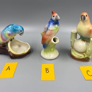 Czech / Vintage Czech / Red Dime Mark Czech Parrot and bird bud vases CHOICE / Czech Bird Spill Vase / Marked Czech Parrot Triple Bud Vase